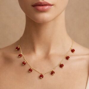 Talbots Red Beaded Charm Necklace Gold Tone Strawberry Dangle Statement